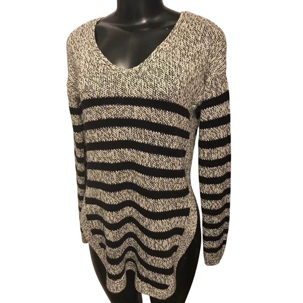 Small Alya Loose Knit Gray Ivory Black Striped Long Sleeve Womens Cotton Sweater